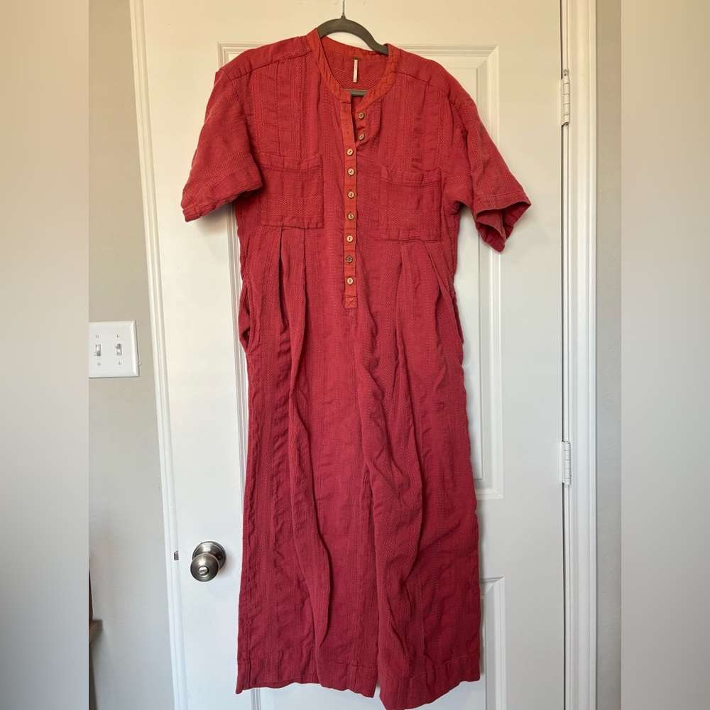Free People Wide Leg Button Down‎ Short Sleeve Jumpsuit Red Women’s Small